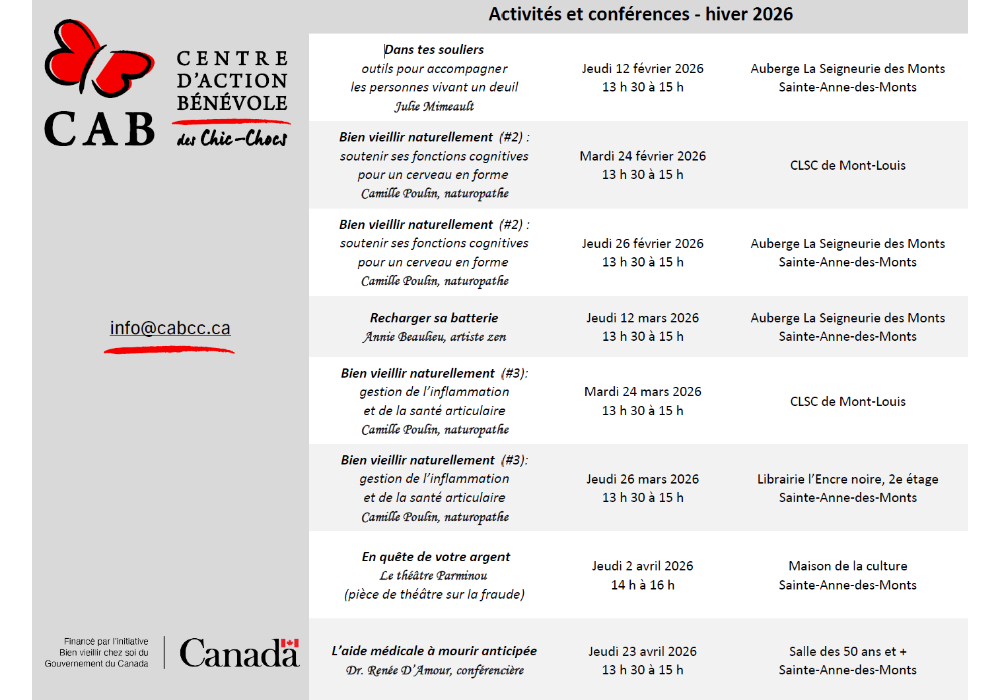 Calendrier activités - Hiver 2026